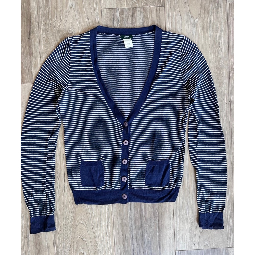 J.Crew Womens Vintage Linen Cotton Striped Cardigan Sweater Semi Sheer Librarian